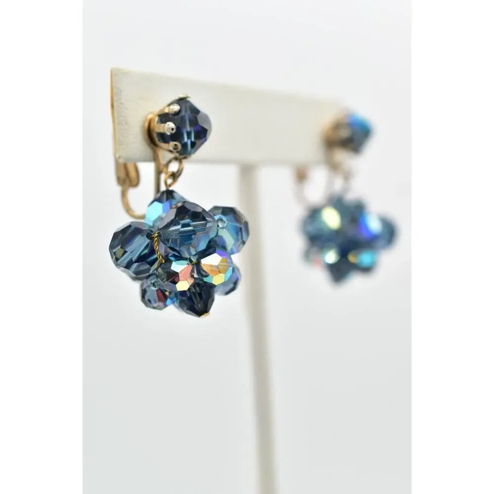 Laguna Vintage Clip On Crystal Earrings Dangle Navy Blue Drop Signed 1950s A24